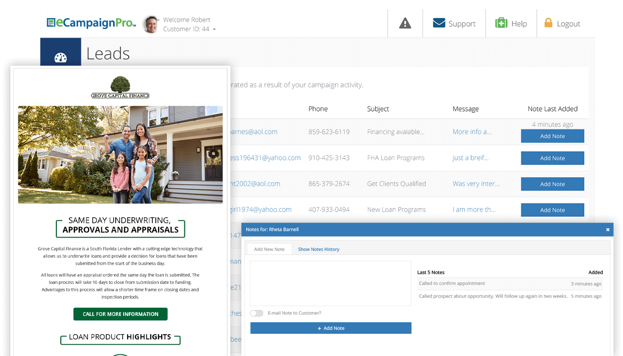 Screenshot of leads dashboard with sample mortgage email flyer