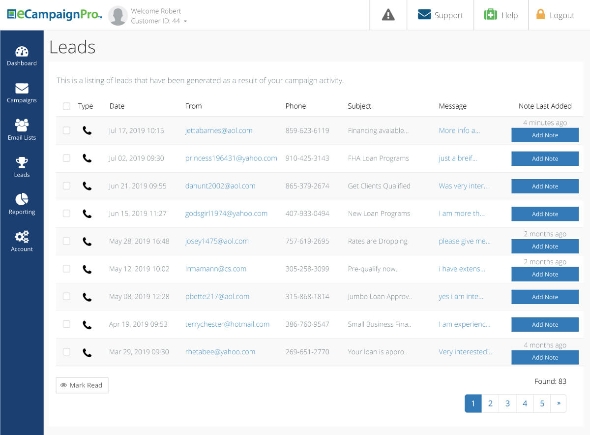 Screenshot of leads dashboard user interface