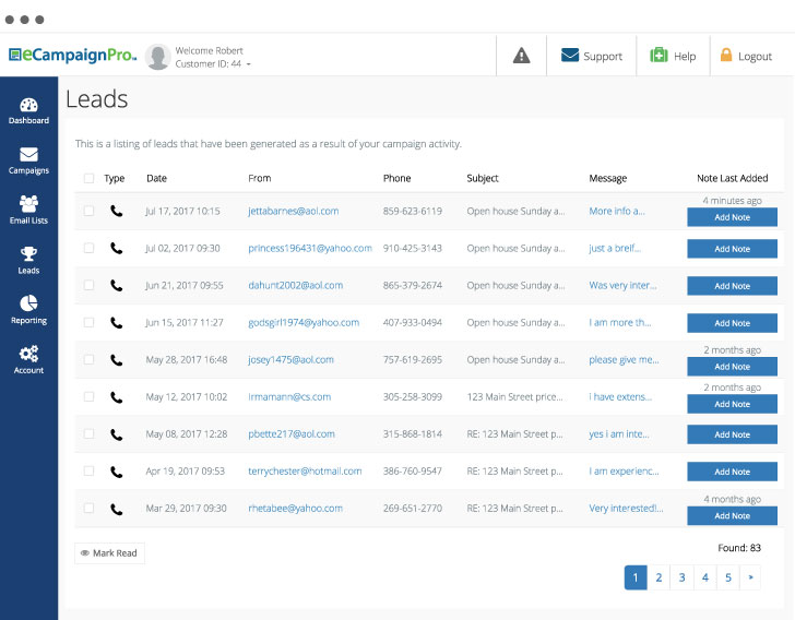 Screenshot of leads dashboard user interface