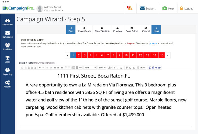 Customize the text on your real estate email flyer in the eCampaignPro wizard