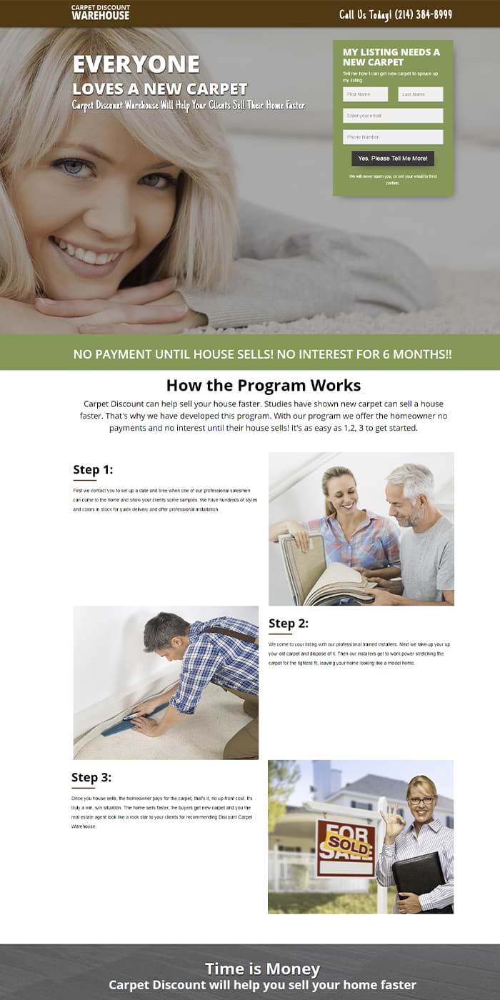 Sample landing page to capture leads for a carpet company