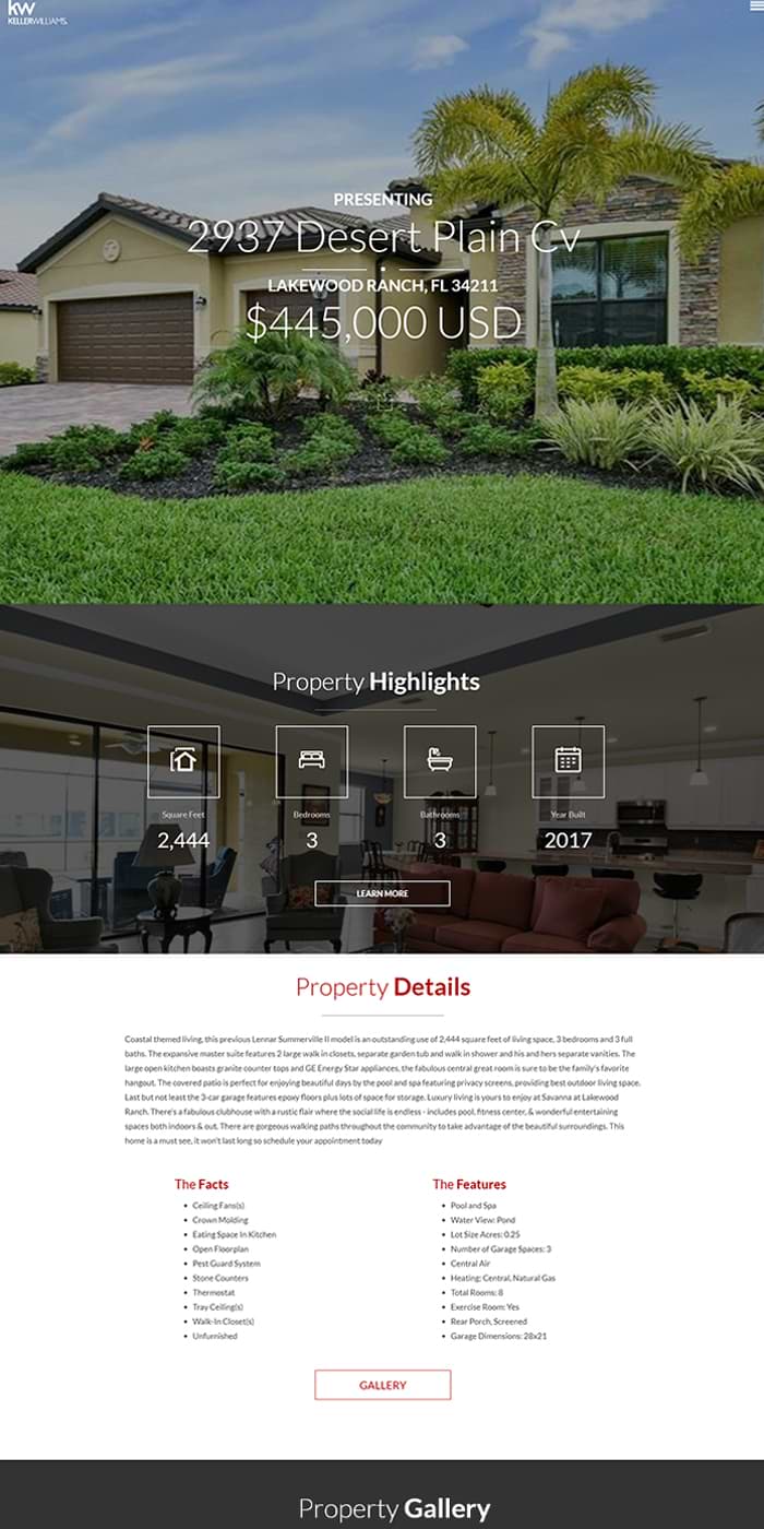 Sample property landing page with 1 story home