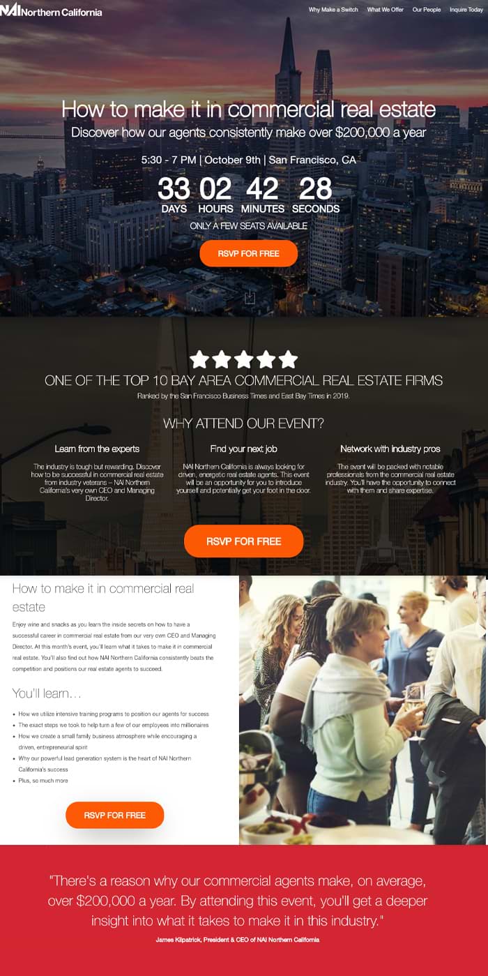 Sample landing page for a real estate recruiting event