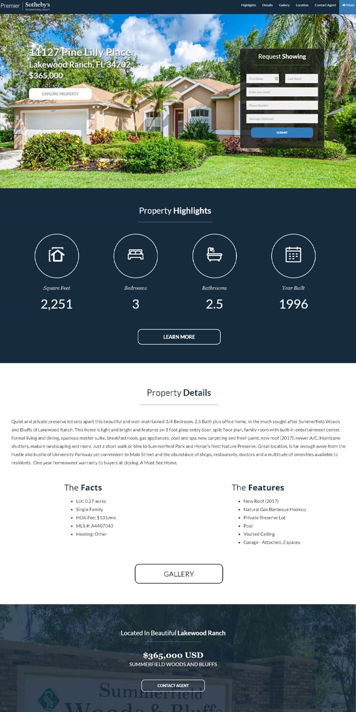Sample property landing page for a single family home