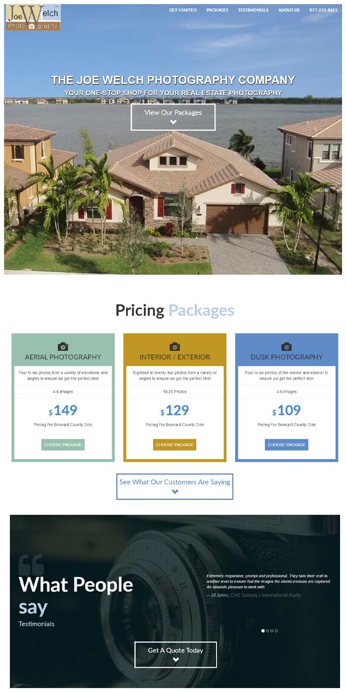 Sample landing page for photography company