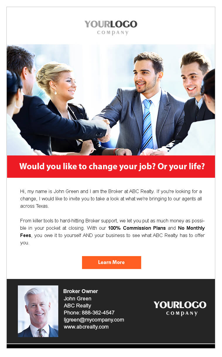 Real estate email recruiting template with men shaking hands
