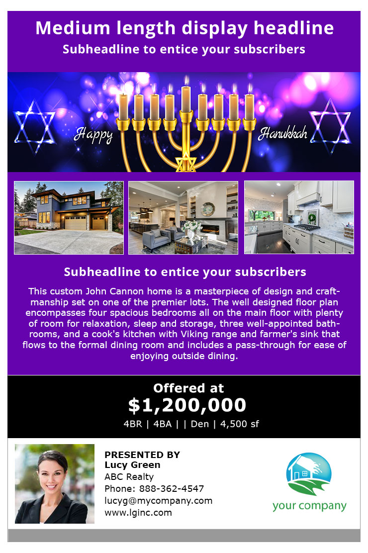 Happy Hanukkah menorah on purple background with star of David
