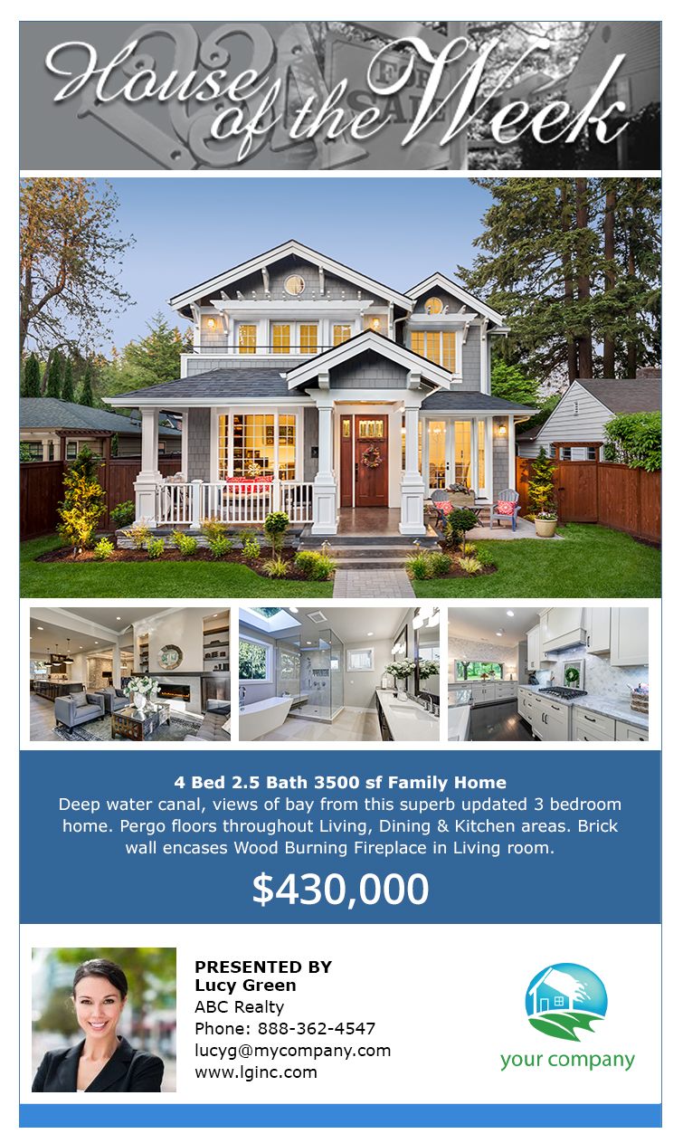 4 picture real estate email flyer with for sale sign graphic and fancy text header