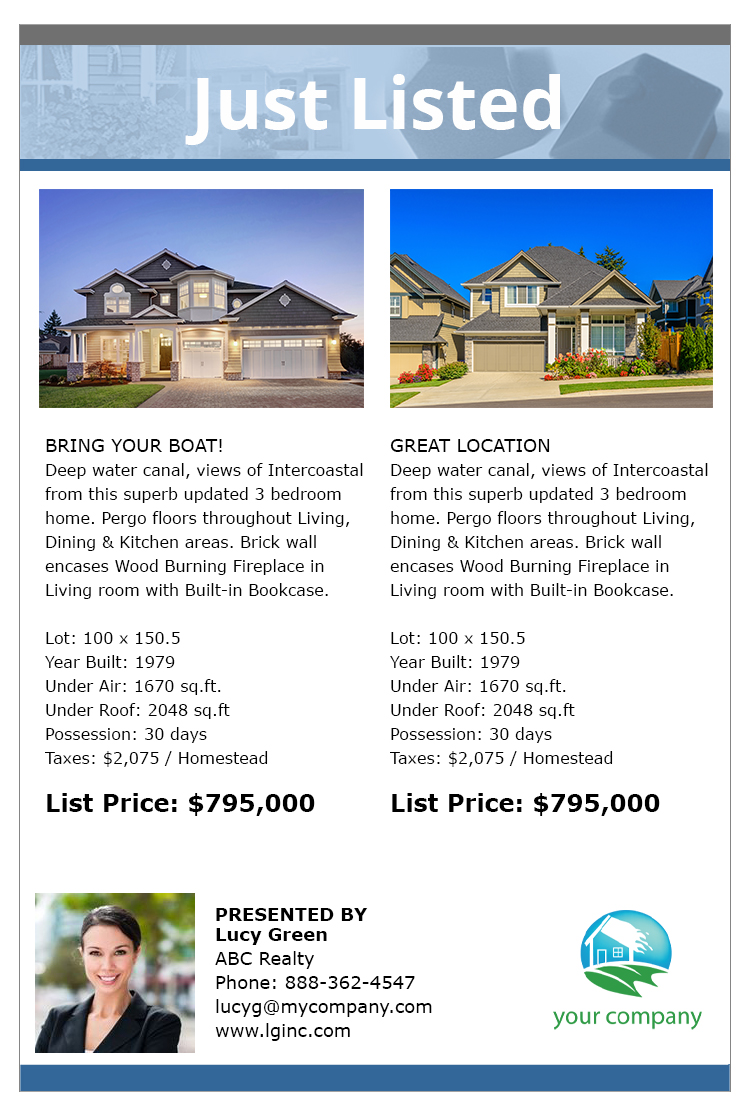 Multi-property email flyer with 2 pictures and monopoly house graphic and editable header