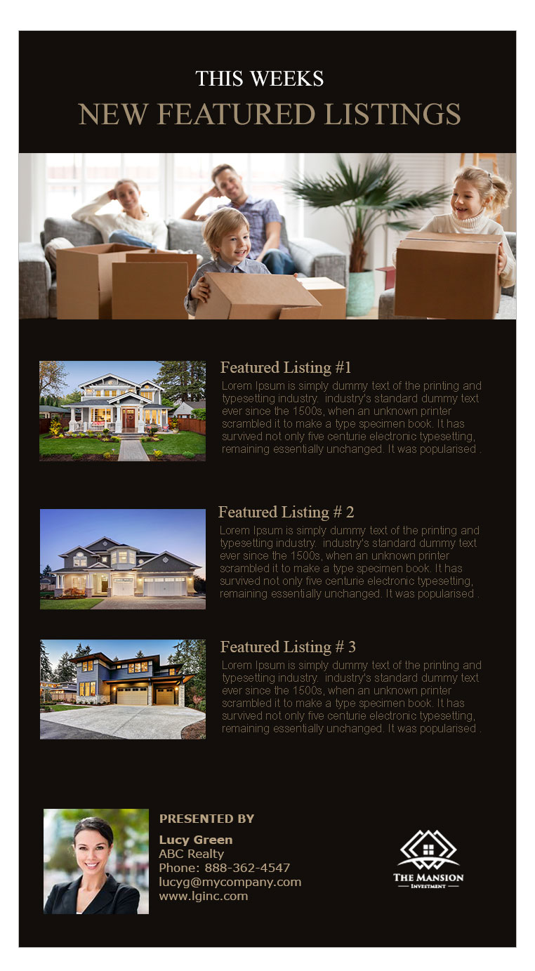 Multi property real estate email flyer with 3 pictures and editable header