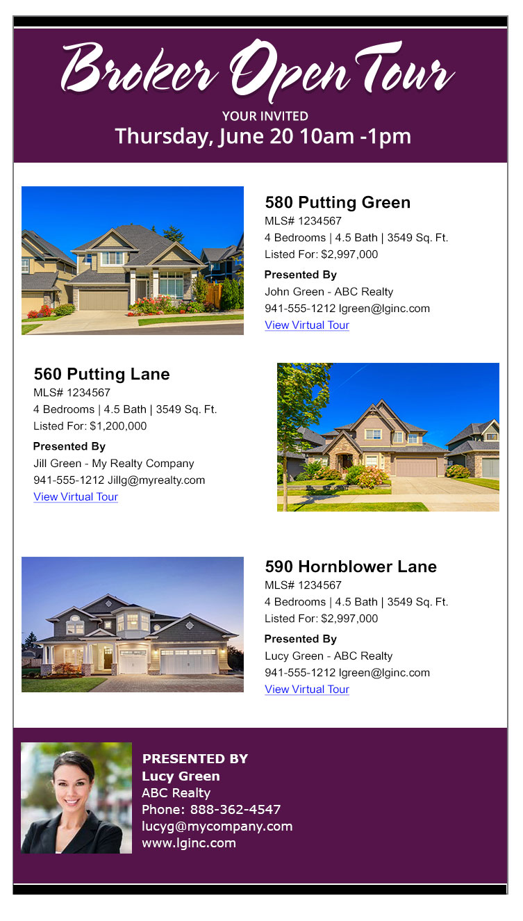 Multi-property real estate email flyer with 3 pictures and fancy text header