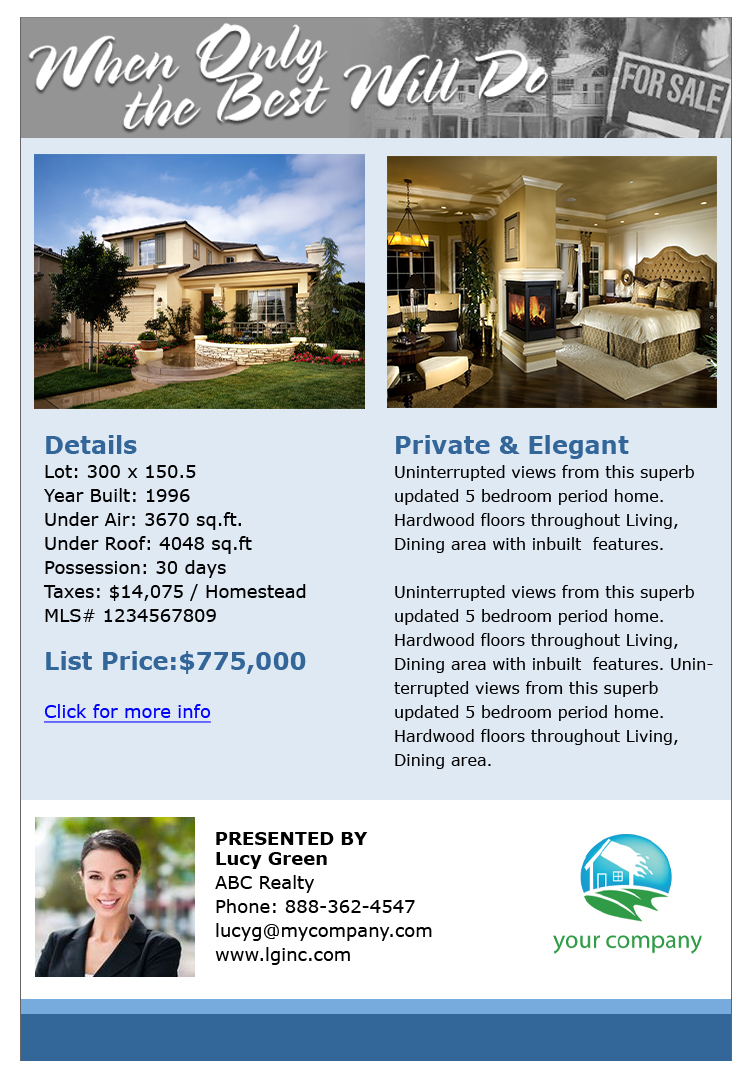 Multi property email flyer with for sale sign graphic with 2 pictures and fancy font header