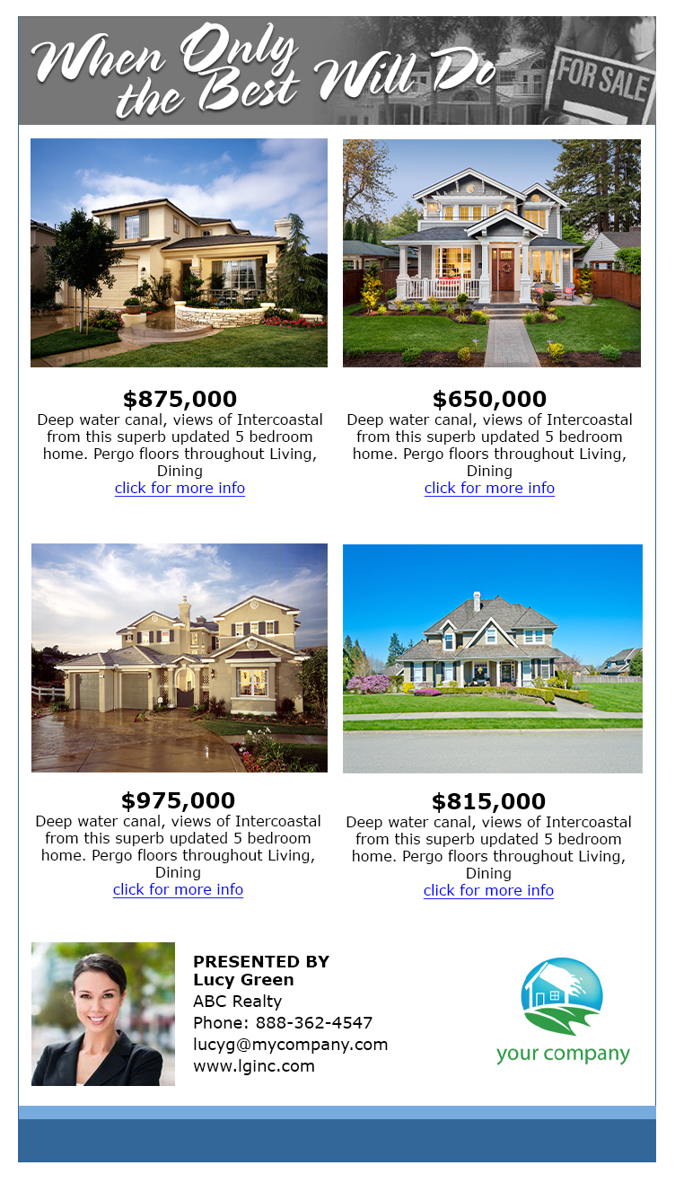 Multi property email flyer with for sale sign graphic with 4 pictures and fancy font header